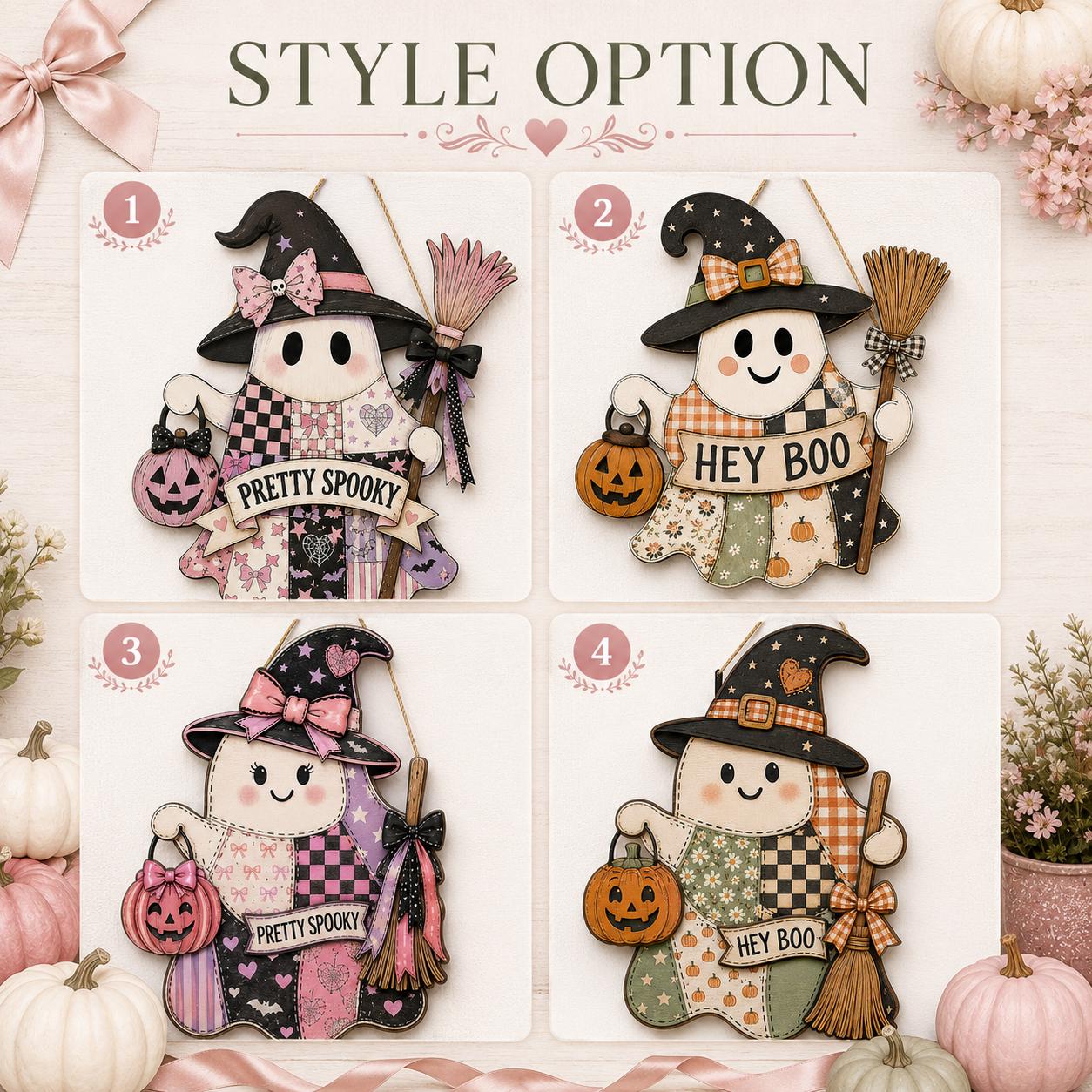 Personalized Pretty Spooky Wooden Door Sign and Hanger with Pink Ghost, Halloween Decor, Pastel Goth Patchwork, Witch Decoration - photo 4