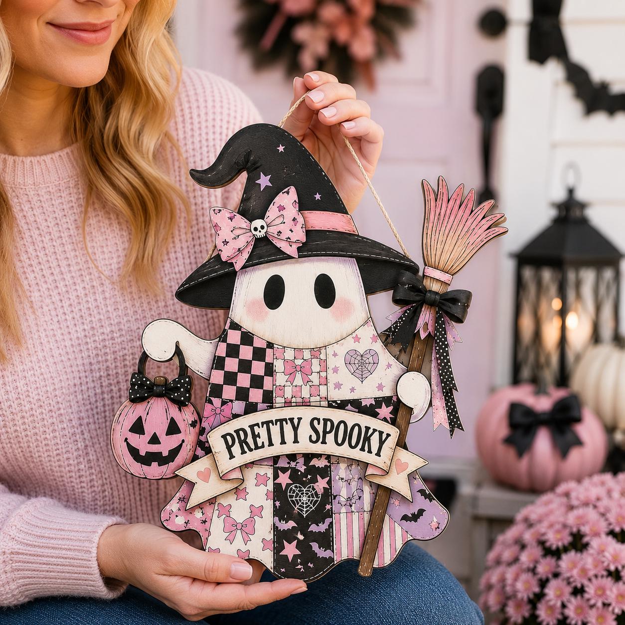 Personalized Pretty Spooky Wooden Door Sign and Hanger with Pink Ghost, Halloween Decor, Pastel Goth Patchwork, Witch Decoration - photo 12