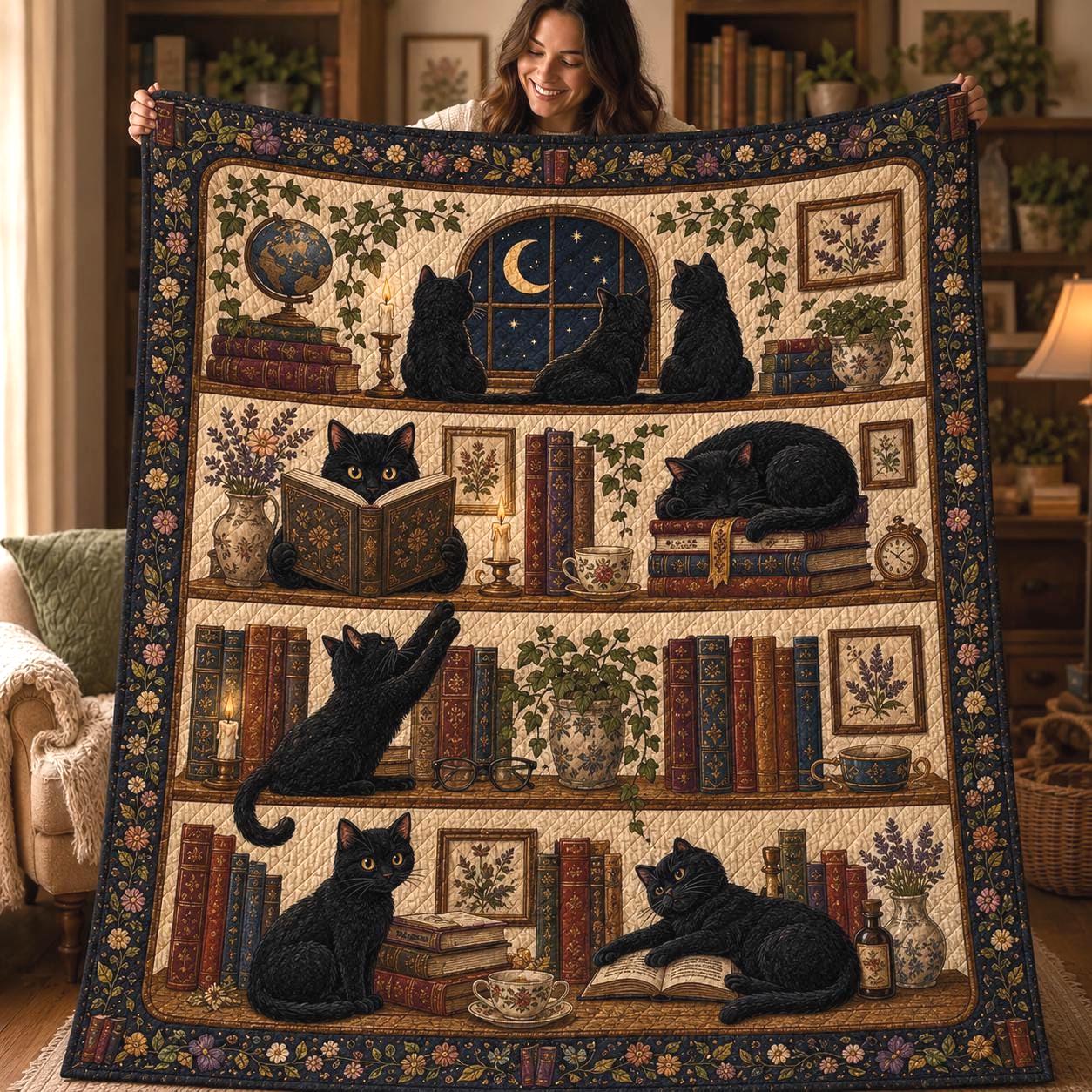 Midnight Library Black Cat Quilt Blanket – Book Lover Throw and Vintage Bookshelf Cat Bedding Dark Academia Reading Room Decor - photo 1