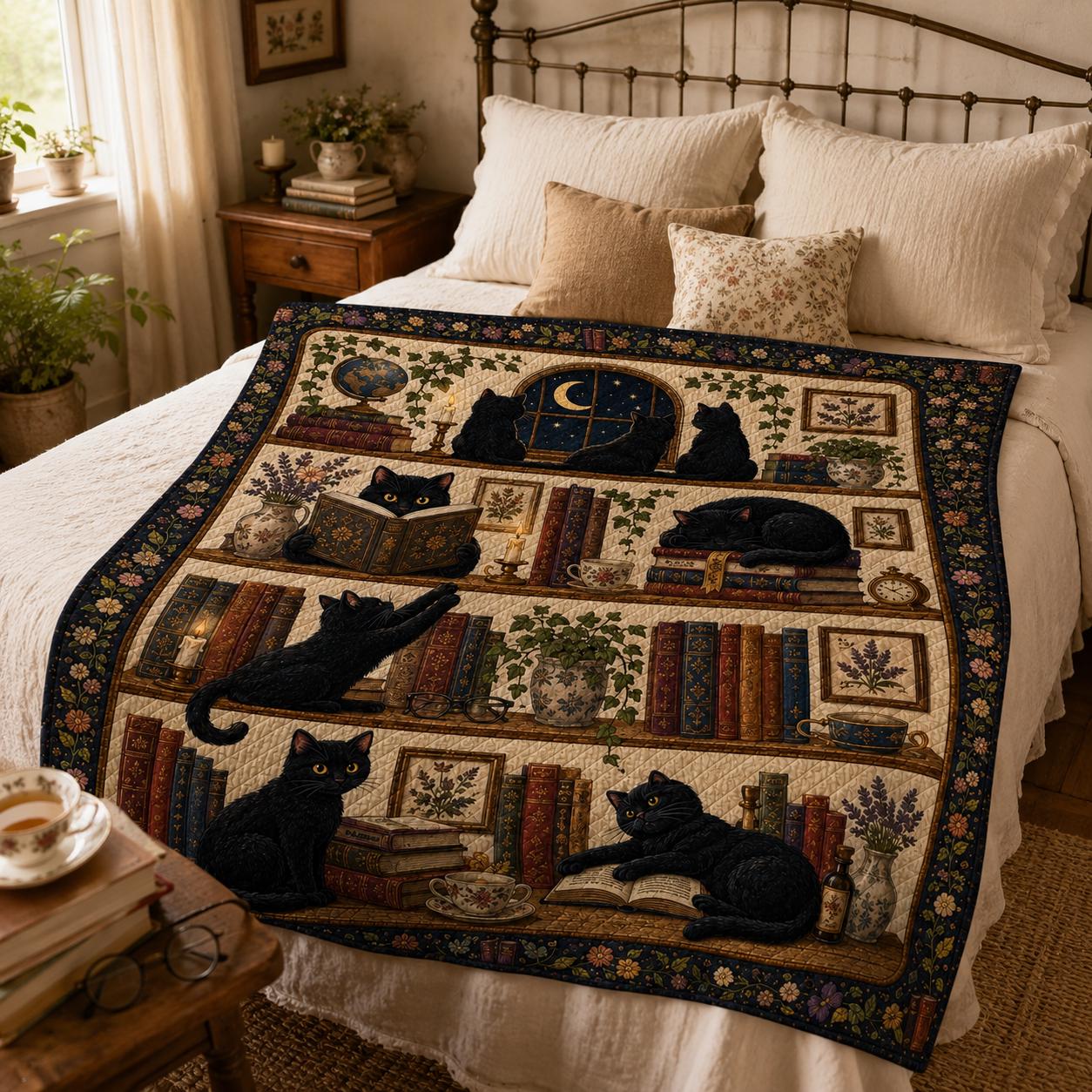 Midnight Library Black Cat Quilt Blanket – Book Lover Throw and Vintage Bookshelf Cat Bedding Dark Academia Reading Room Decor - photo 2