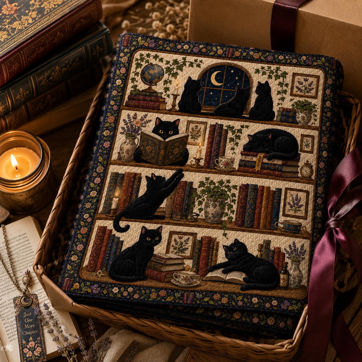 Midnight Library Black Cat Quilt Blanket – Book Lover Throw and Vintage Bookshelf Cat Bedding Dark Academia Reading Room Decor - photo 3