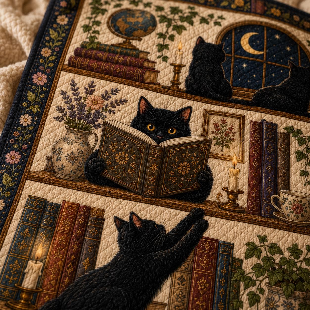 Midnight Library Black Cat Quilt Blanket – Book Lover Throw and Vintage Bookshelf Cat Bedding Dark Academia Reading Room Decor - photo 5