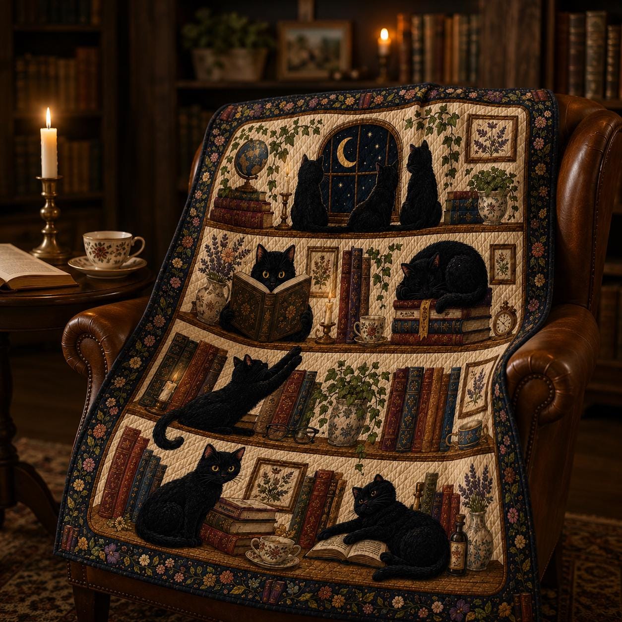Midnight Library Black Cat Quilt Blanket – Book Lover Throw and Vintage Bookshelf Cat Bedding Dark Academia Reading Room Decor - photo 6