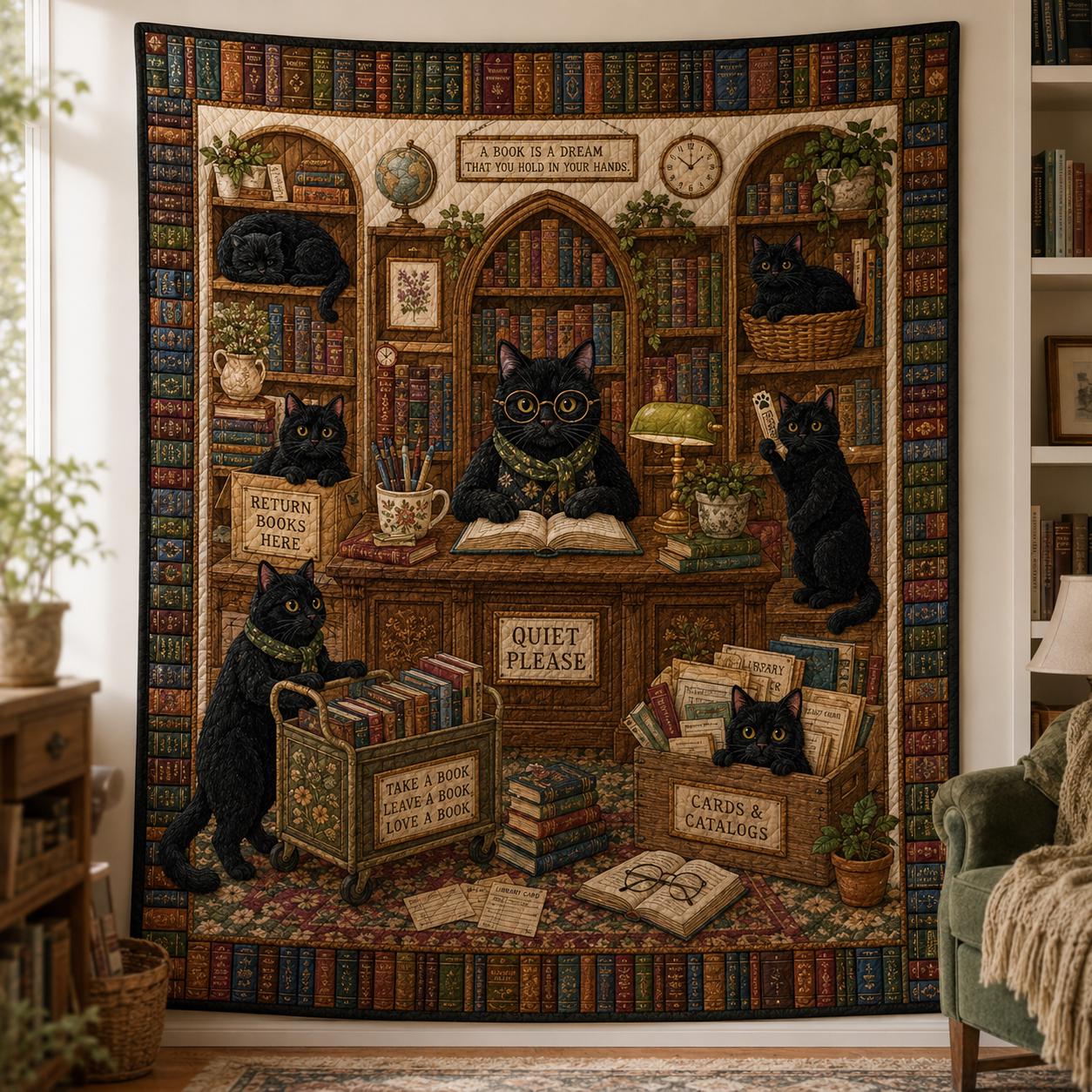 Black Cat Librarian Quilt Blanket – Library Book Lover Throw and Cute Librarian Gift Vintage Reading Room Cat Bedding