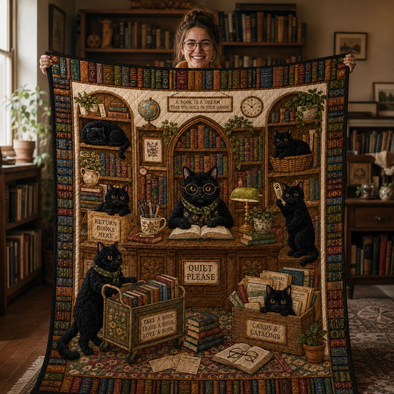Black Cat Librarian Quilt Blanket – Library Book Lover Throw and Cute Librarian Gift Vintage Reading Room Cat Bedding - photo 2