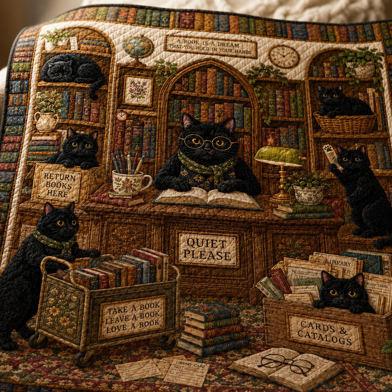 Black Cat Librarian Quilt Blanket – Library Book Lover Throw and Cute Librarian Gift Vintage Reading Room Cat Bedding - photo 3