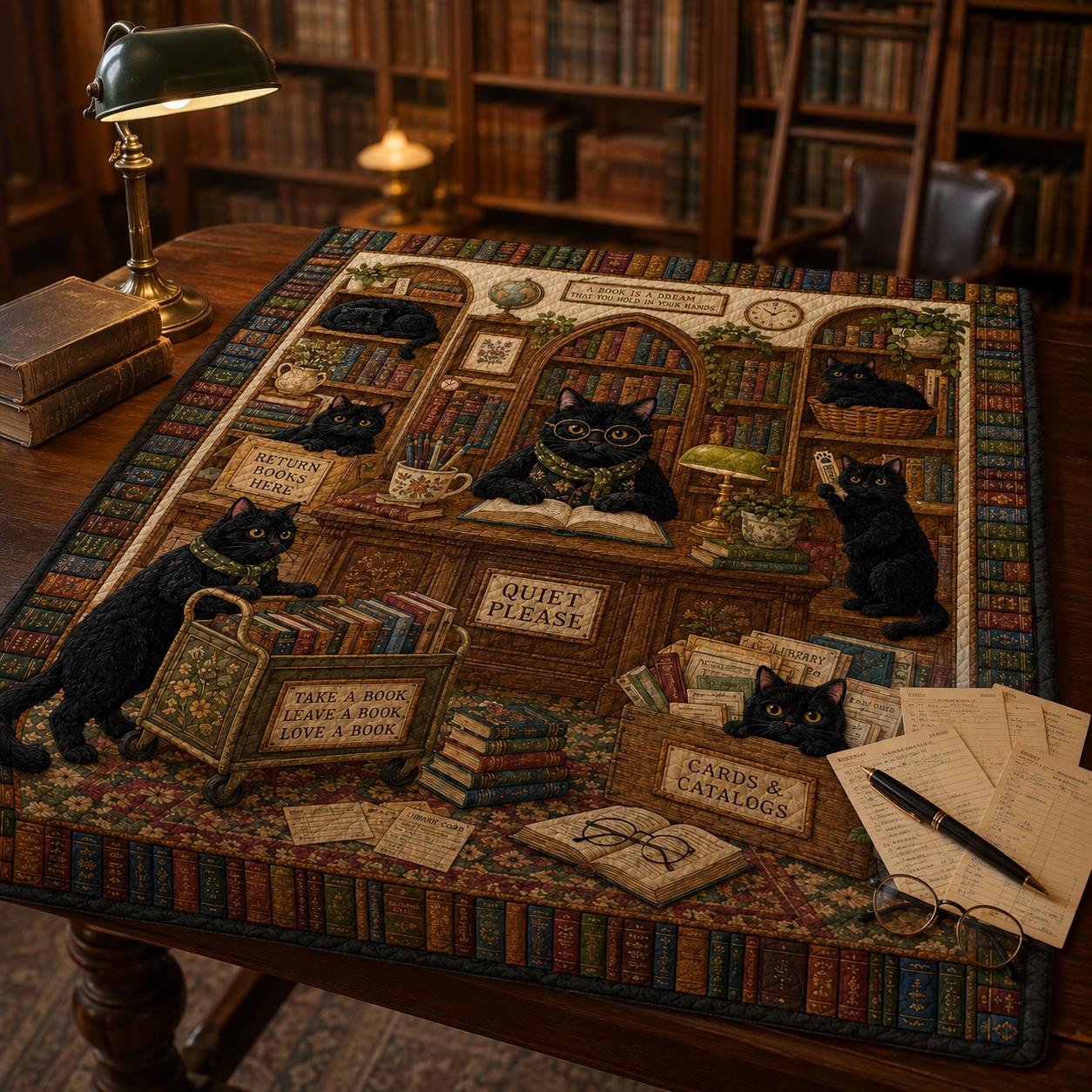 Black Cat Librarian Quilt Blanket – Library Book Lover Throw and Cute Librarian Gift Vintage Reading Room Cat Bedding - photo 5