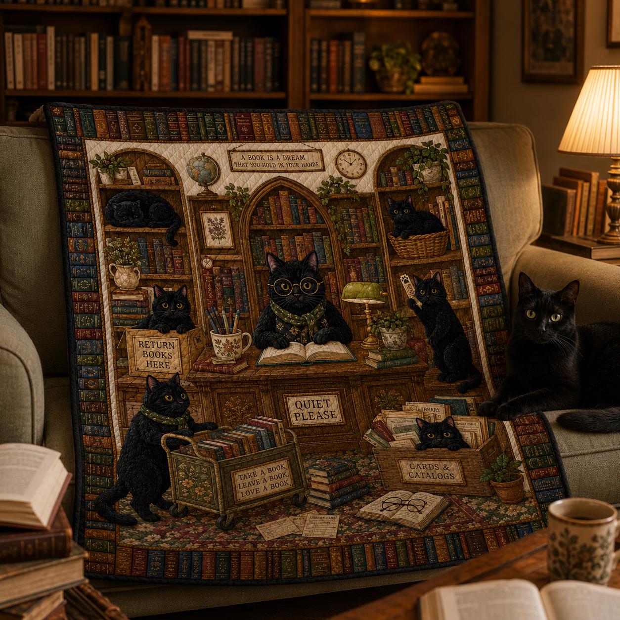 Black Cat Librarian Quilt Blanket – Library Book Lover Throw and Cute Librarian Gift Vintage Reading Room Cat Bedding - photo 6