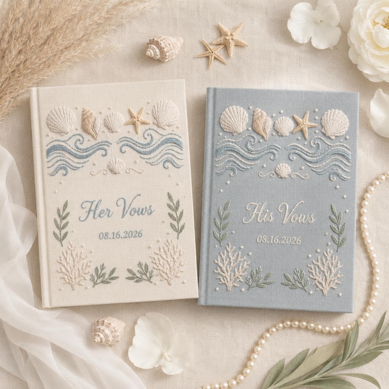 Personalized Handmade Embroidered Beach Wedding Vow Books – Set of 2 Linen Sea Theme Book His and Her Notebooks Keepsake Gift