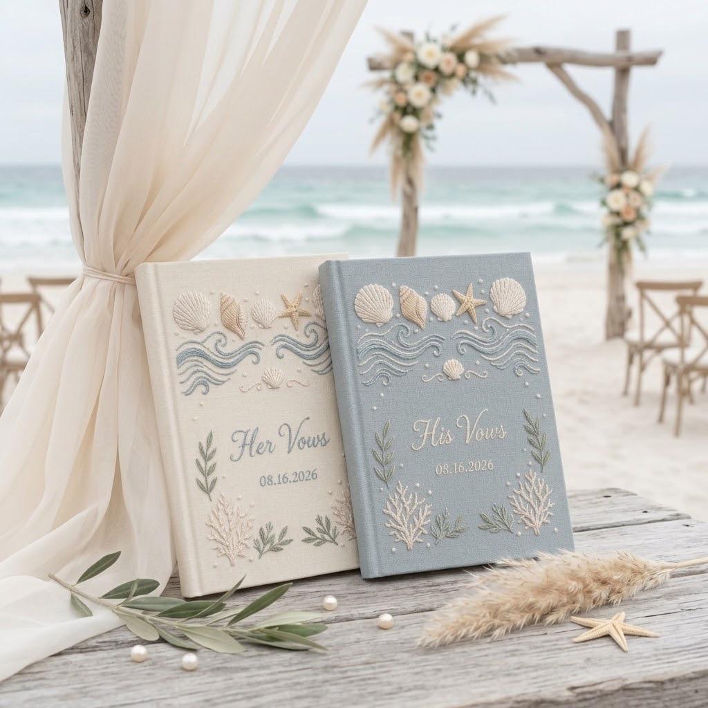 Personalized Handmade Embroidered Beach Wedding Vow Books – Set of 2 Linen Sea Theme Book His and Her Notebooks Keepsake Gift - photo 2