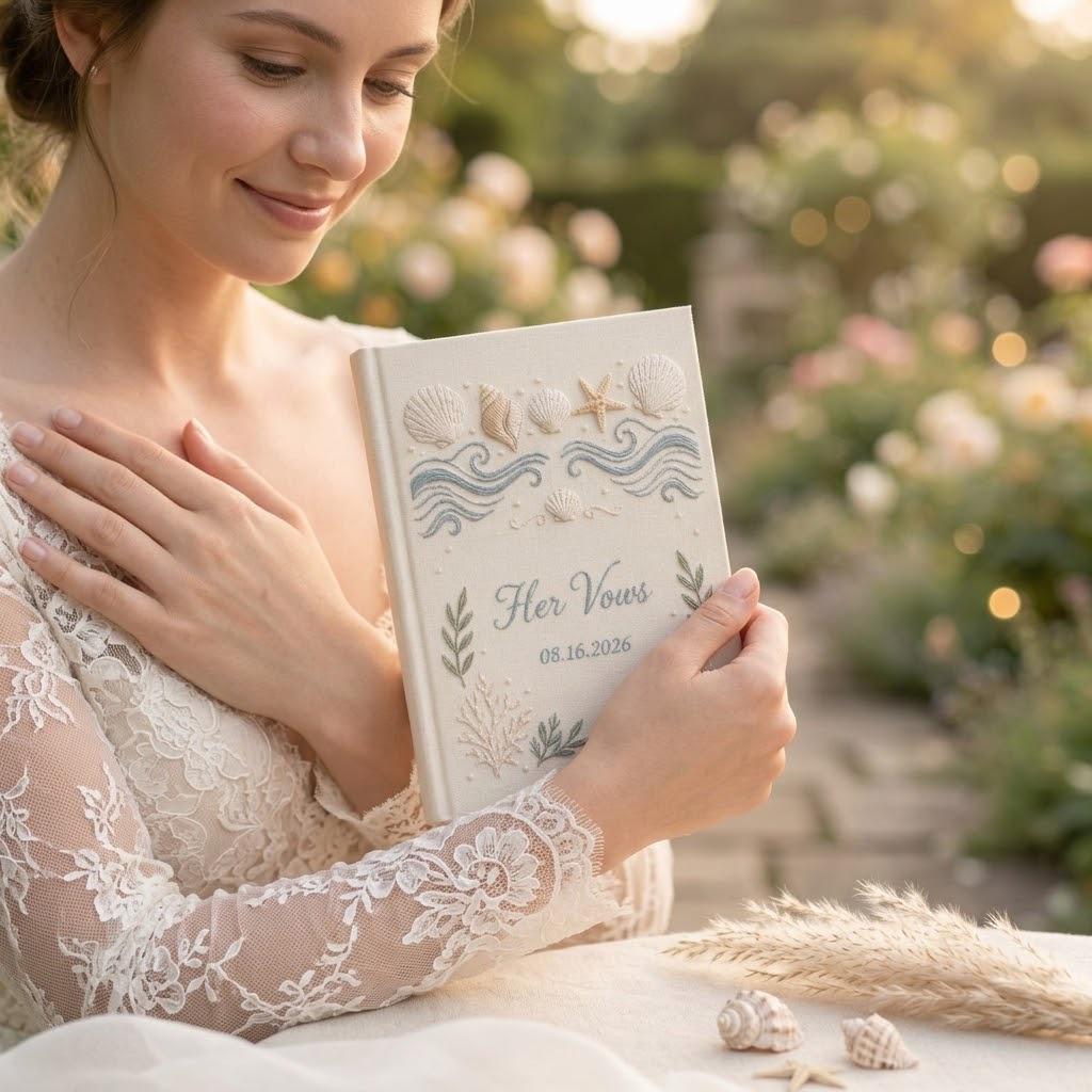 Personalized Handmade Embroidered Beach Wedding Vow Books – Set of 2 Linen Sea Theme Book His and Her Notebooks Keepsake Gift - photo 3