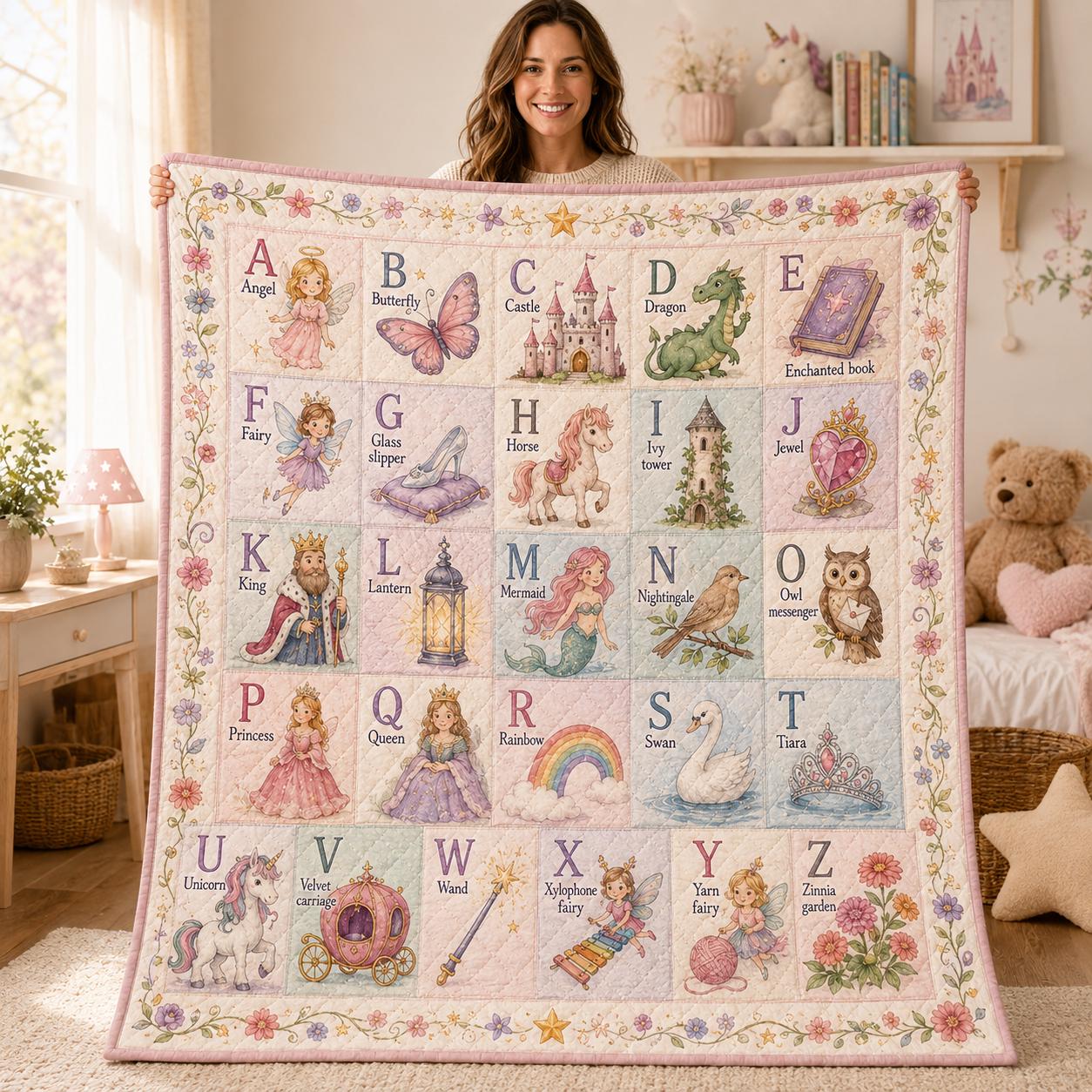 Fairytale Alphabet Quilt Blanket for Girls – A–Z Princess Unicorn ABC Throw with Magical Nursery Bedding Kids Gift