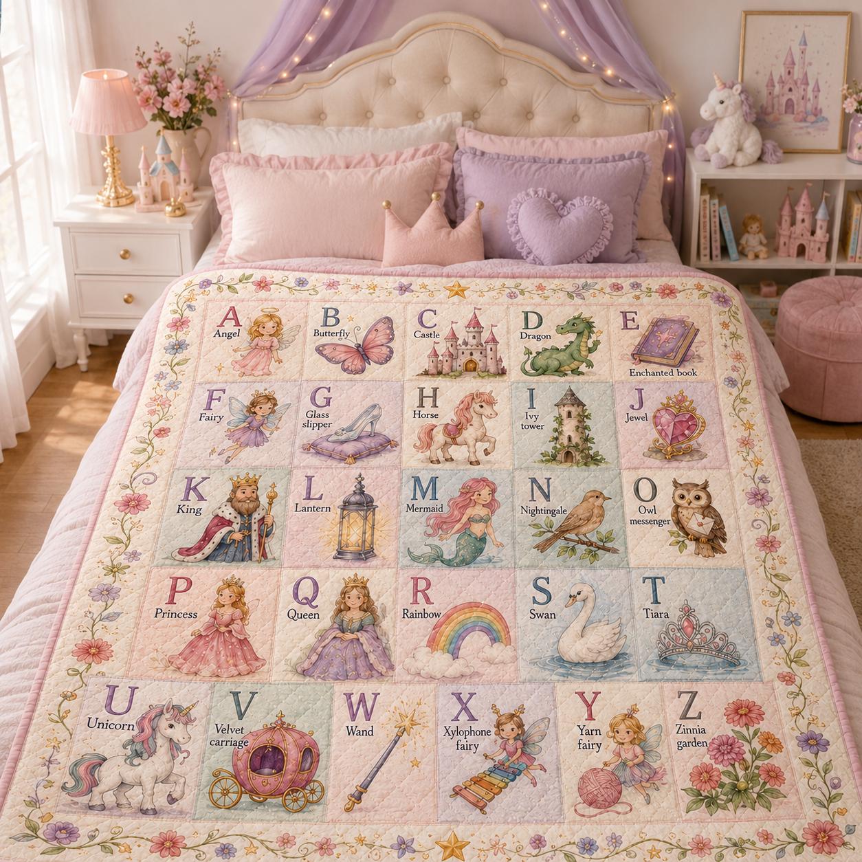 Fairytale Alphabet Quilt Blanket for Girls – A–Z Princess Unicorn ABC Throw with Magical Nursery Bedding Kids Gift - photo 2