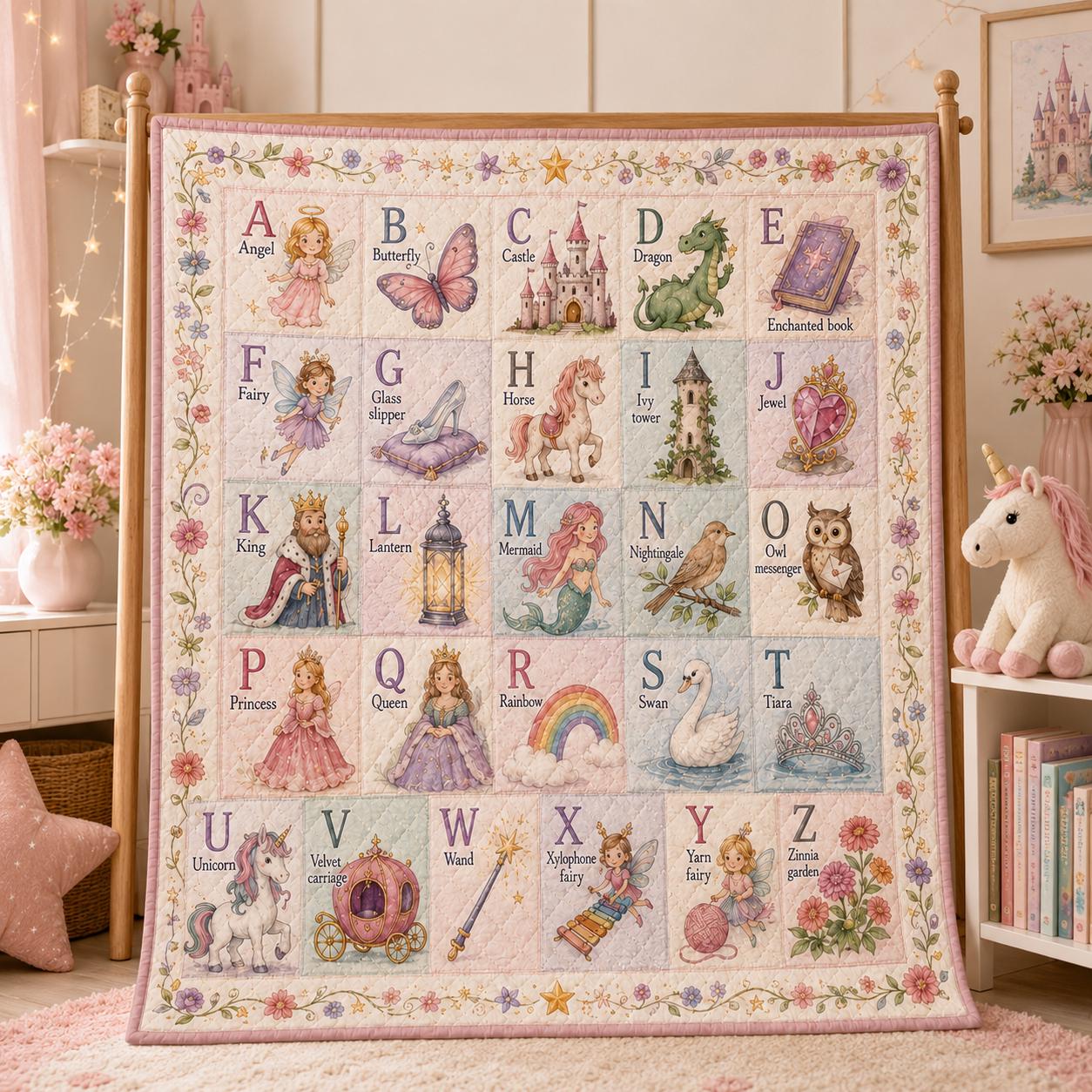 Fairytale Alphabet Quilt Blanket for Girls – A–Z Princess Unicorn ABC Throw with Magical Nursery Bedding Kids Gift - photo 3