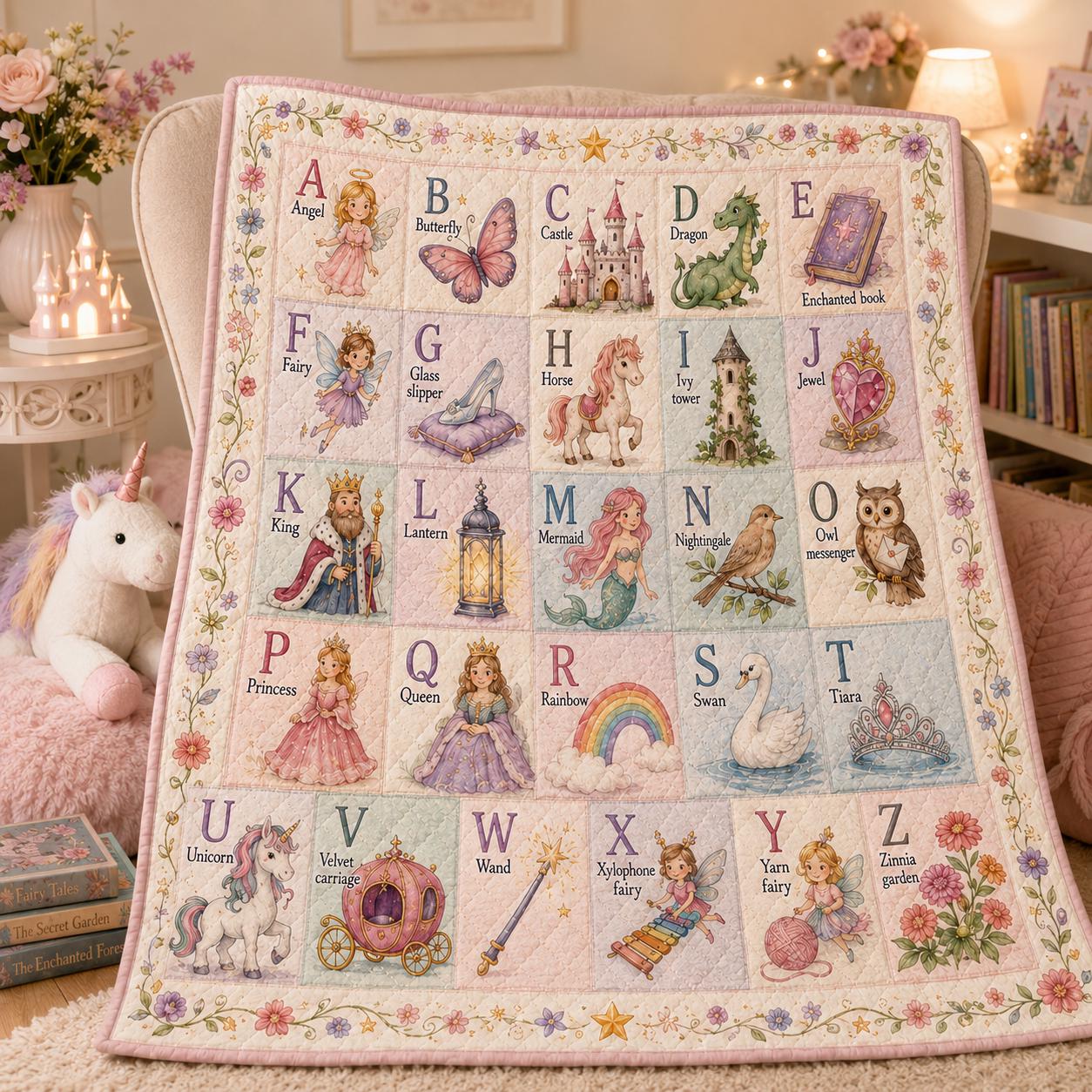 Fairytale Alphabet Quilt Blanket for Girls – A–Z Princess Unicorn ABC Throw with Magical Nursery Bedding Kids Gift - photo 4