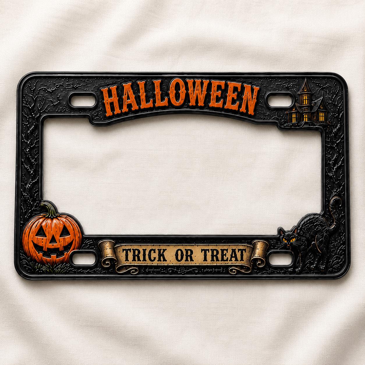 Spooky Halloween License Plate Frame – Trick or Treat Pumpkin Black Cat Car Tag and Haunted House Auto Decor Accessory Gift