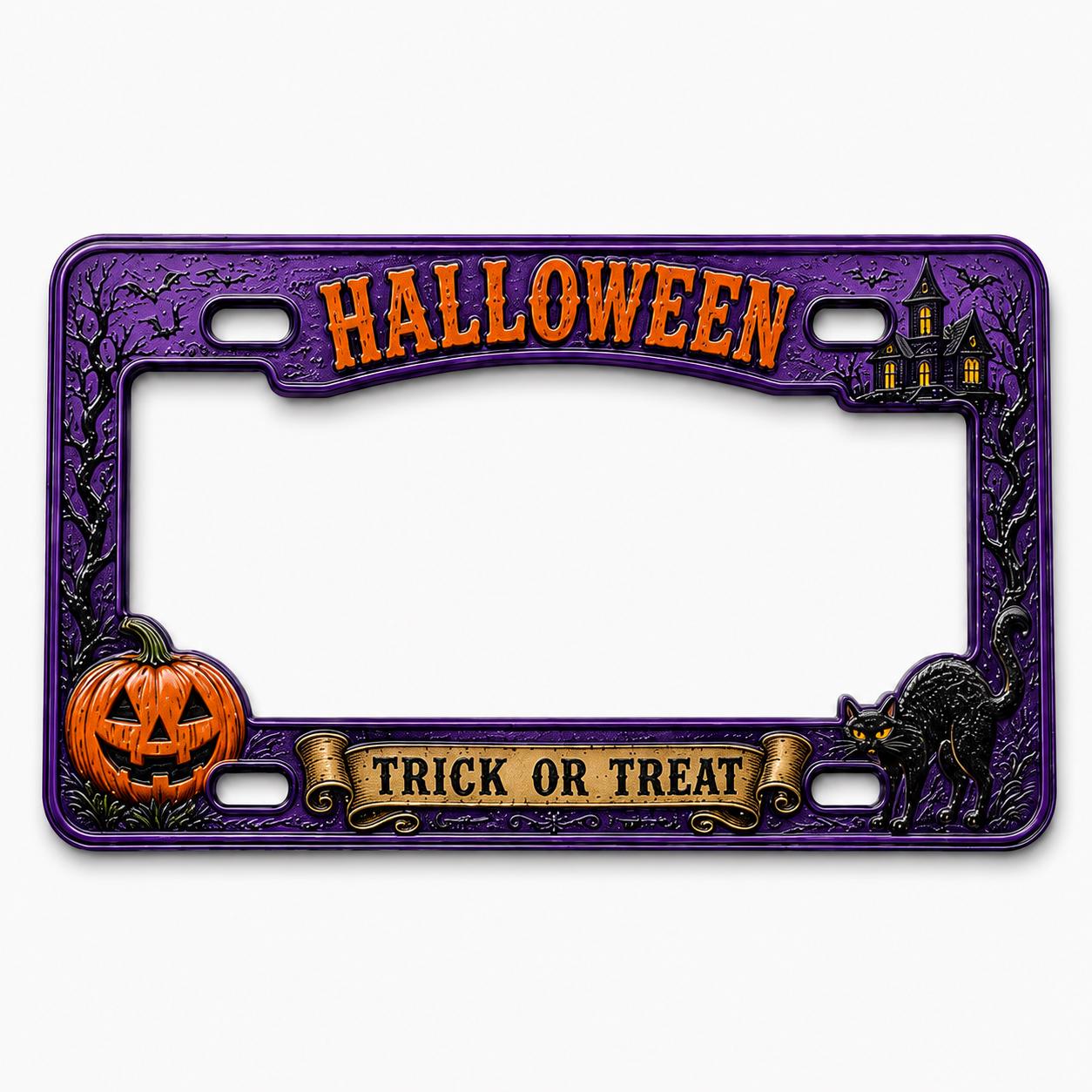 Spooky Halloween License Plate Frame – Trick or Treat Pumpkin Black Cat Car Tag and Haunted House Auto Decor Accessory Gift - photo 2