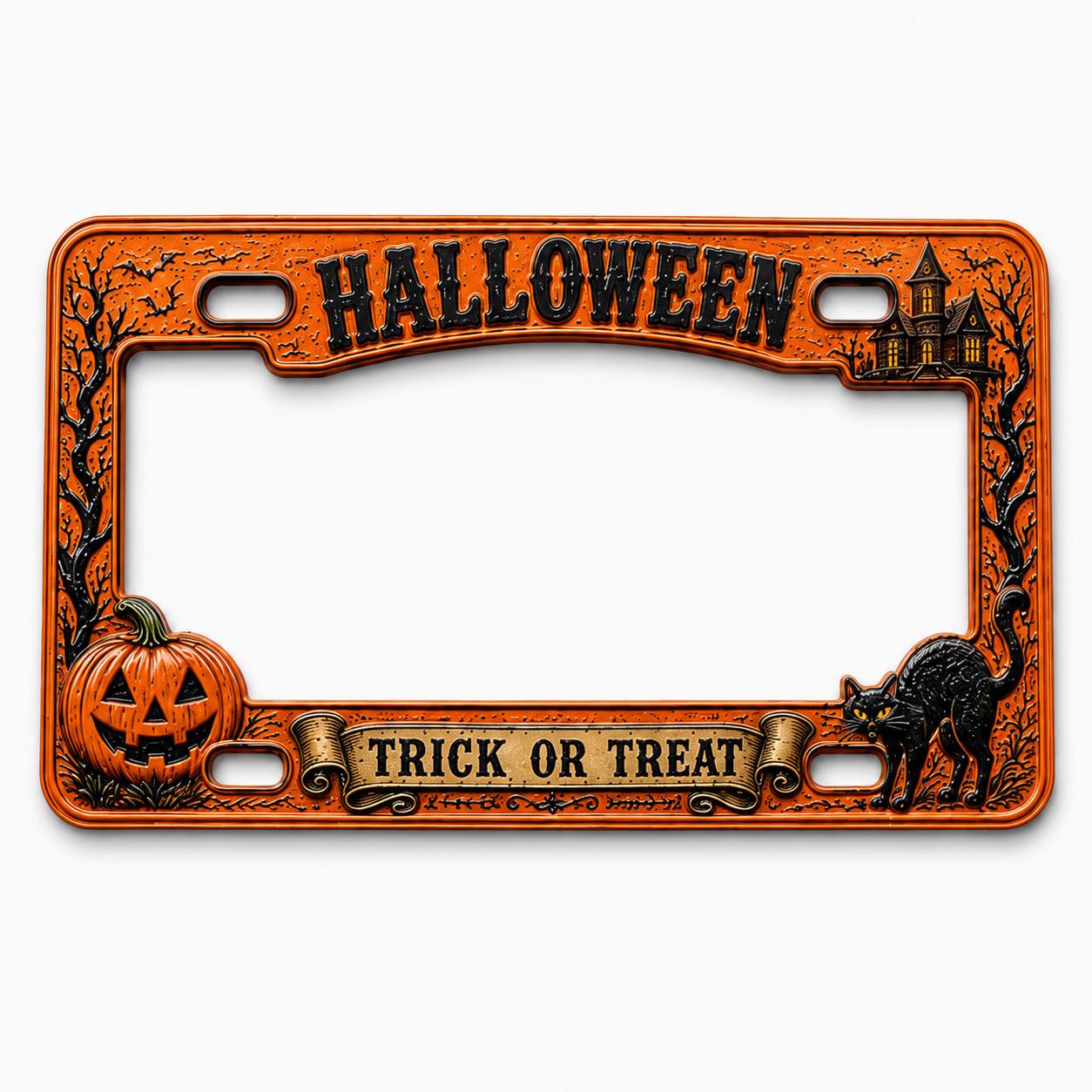 Spooky Halloween License Plate Frame – Trick or Treat Pumpkin Black Cat Car Tag and Haunted House Auto Decor Accessory Gift - photo 3