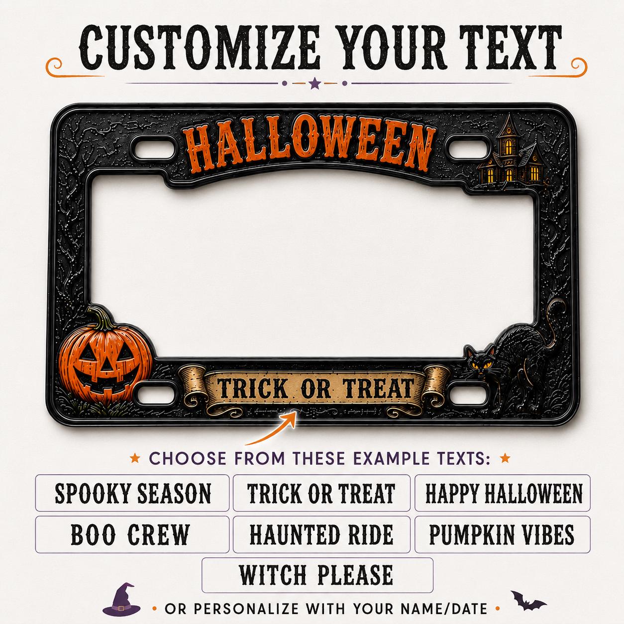 Spooky Halloween License Plate Frame – Trick or Treat Pumpkin Black Cat Car Tag and Haunted House Auto Decor Accessory Gift - photo 6