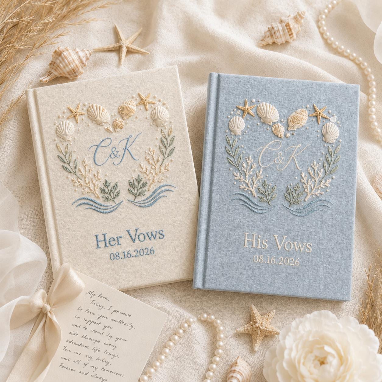 Personalized Handmade Embroidered Wedding Vow Books – Beach Linen His and Her Book Set and Bride Groom Ceremony Keepsake Gift - photo 1