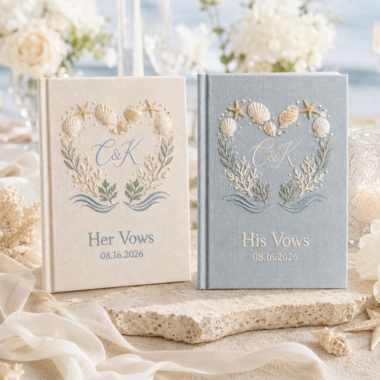 Personalized Handmade Embroidered Wedding Vow Books – Beach Linen His and Her Book Set and Bride Groom Ceremony Keepsake Gift - photo 2