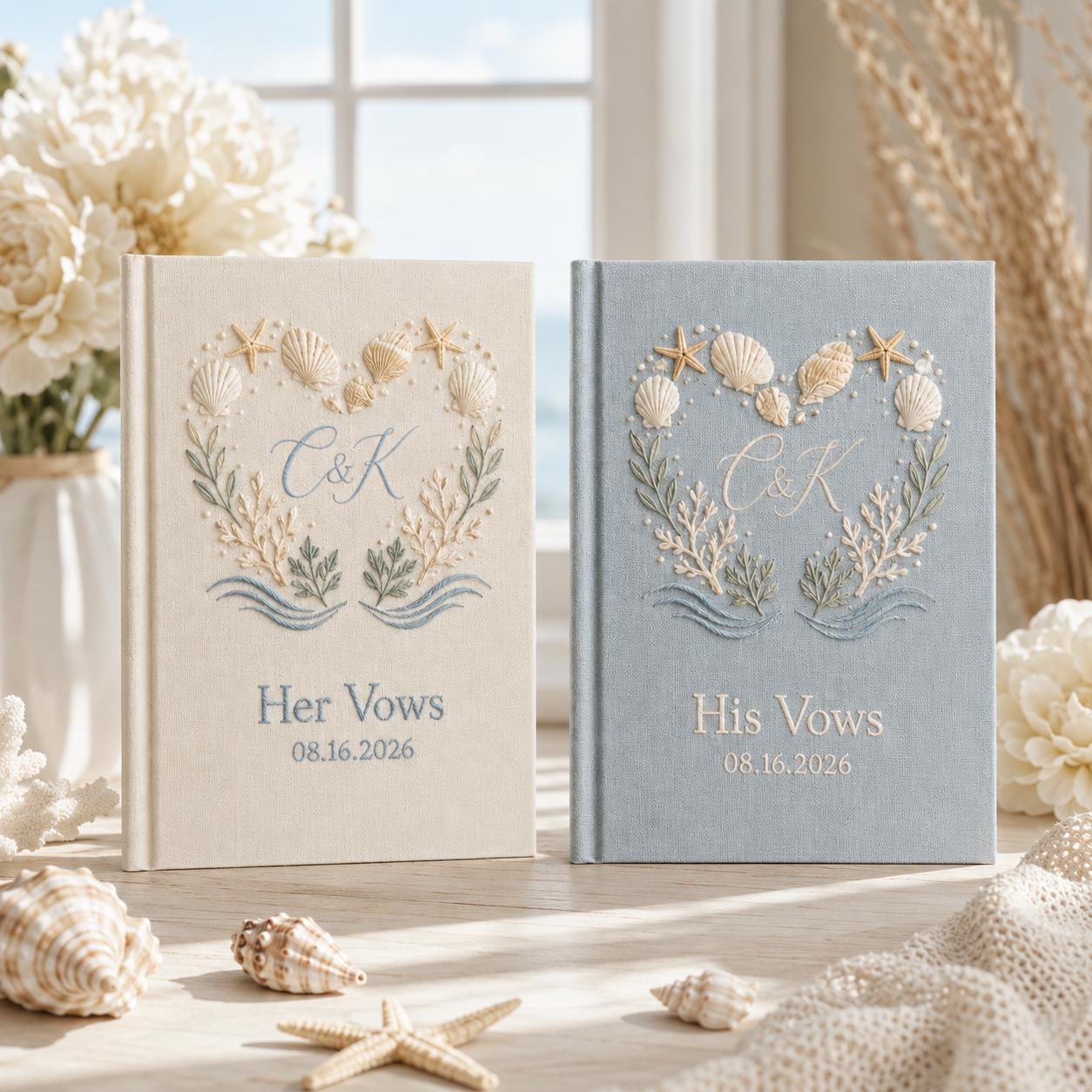 Personalized Handmade Embroidered Wedding Vow Books – Beach Linen His and Her Book Set and Bride Groom Ceremony Keepsake Gift - photo 3