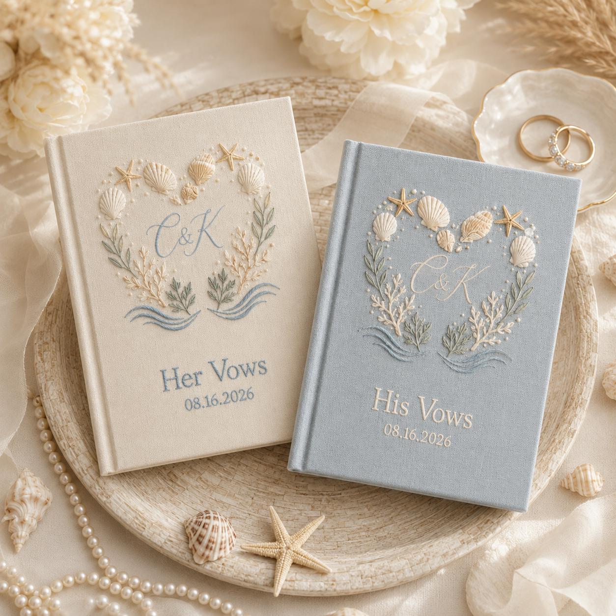 Personalized Handmade Embroidered Wedding Vow Books – Beach Linen His and Her Book Set and Bride Groom Ceremony Keepsake Gift - photo 4