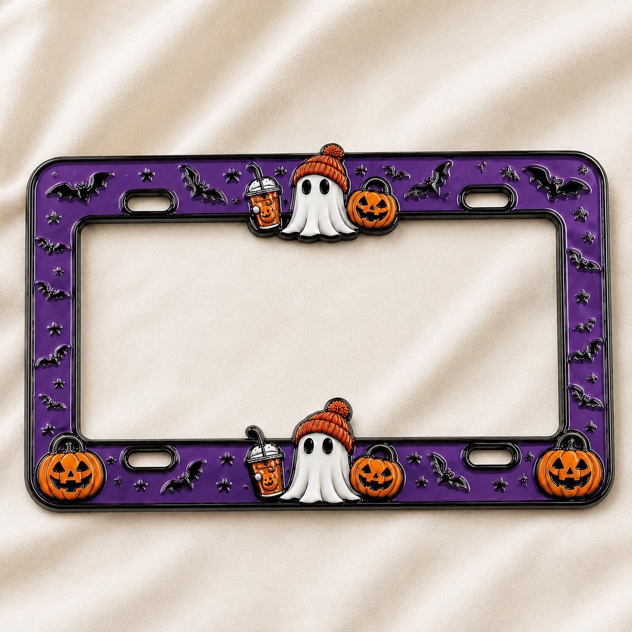 Halloween License Plate Frame and Auto Tag with Ghost, Pumpkin Coffee, Purple Bat, Cute Car Decor, Spooky Accessory Gift