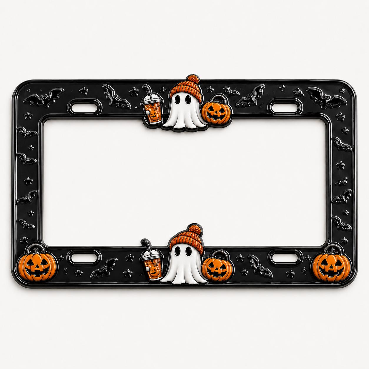 Halloween License Plate Frame and Auto Tag with Ghost, Pumpkin Coffee, Purple Bat, Cute Car Decor, Spooky Accessory Gift - photo 2