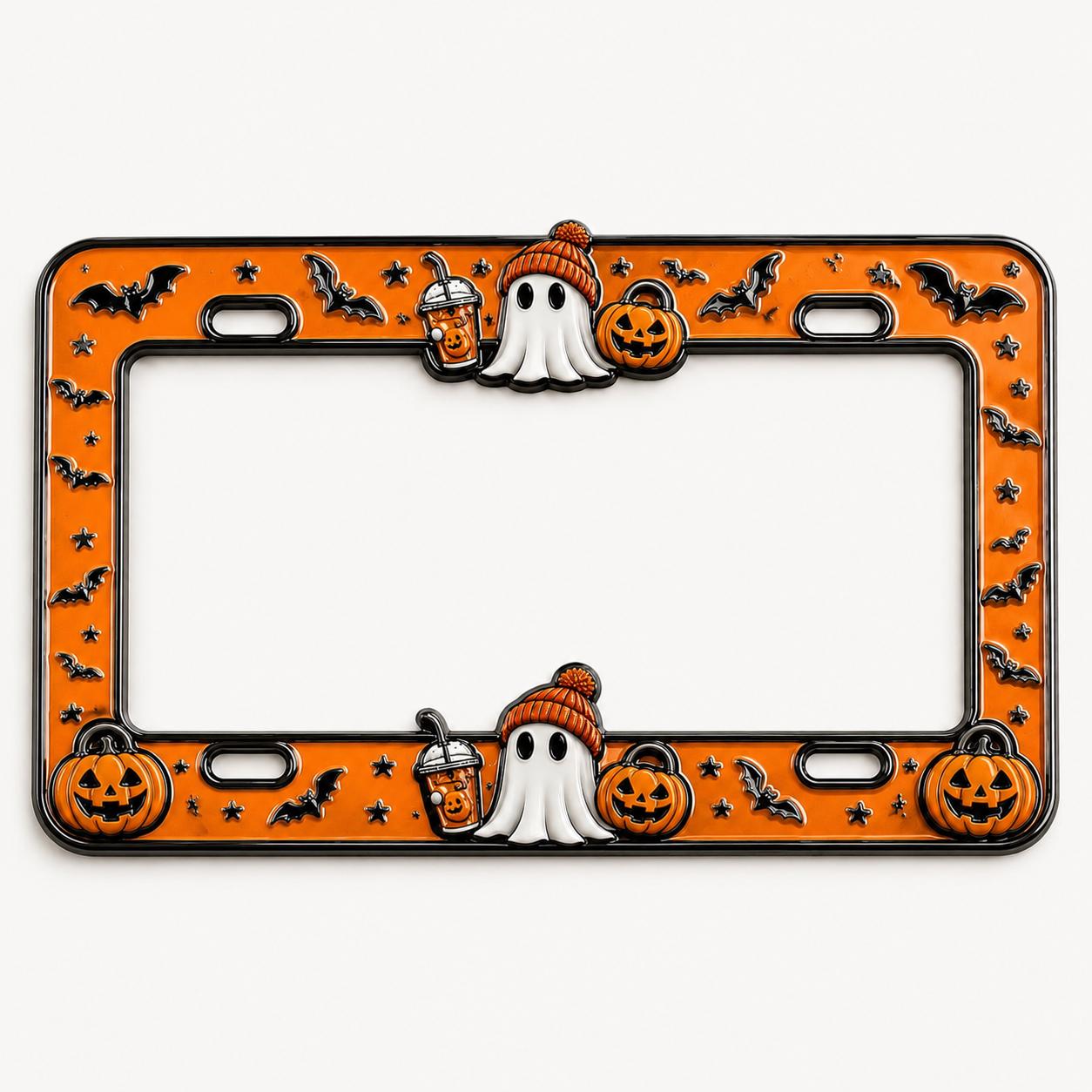 Halloween License Plate Frame and Auto Tag with Ghost, Pumpkin Coffee, Purple Bat, Cute Car Decor, Spooky Accessory Gift - photo 3