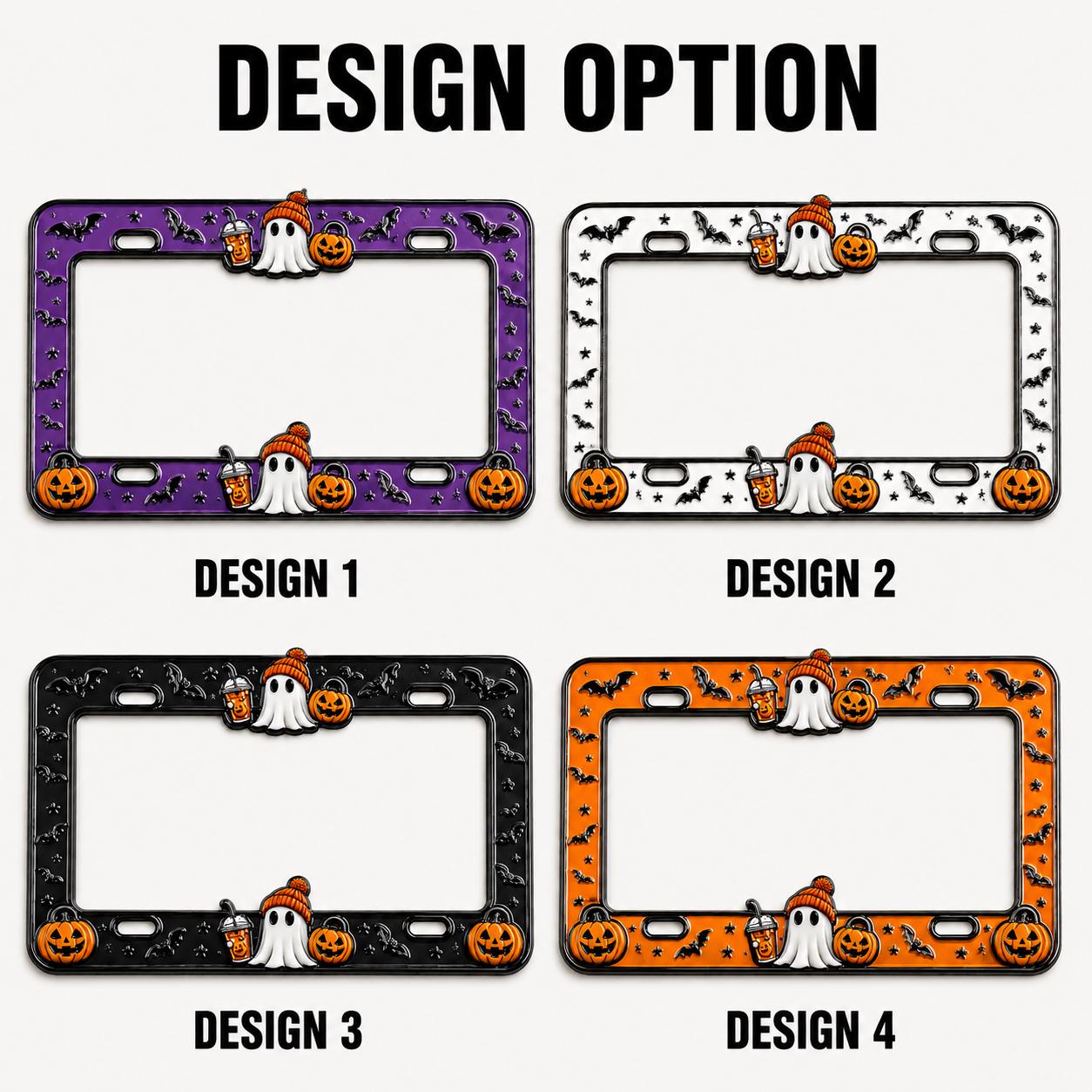 Halloween License Plate Frame and Auto Tag with Ghost, Pumpkin Coffee, Purple Bat, Cute Car Decor, Spooky Accessory Gift - photo 4