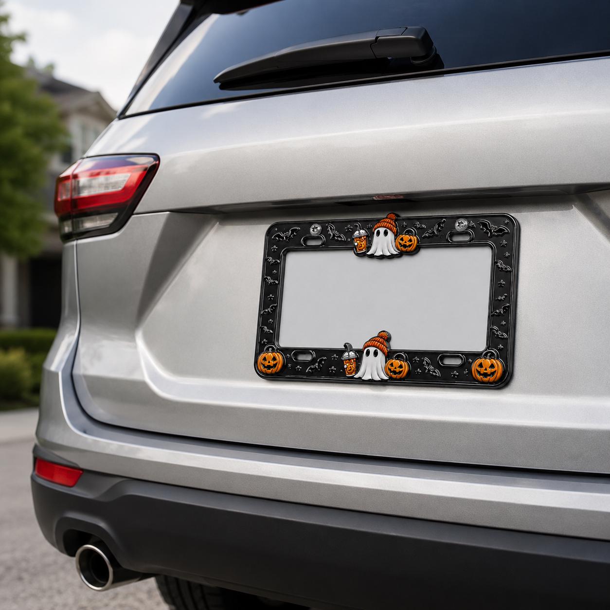 Halloween License Plate Frame and Auto Tag with Ghost, Pumpkin Coffee, Purple Bat, Cute Car Decor, Spooky Accessory Gift - photo 5