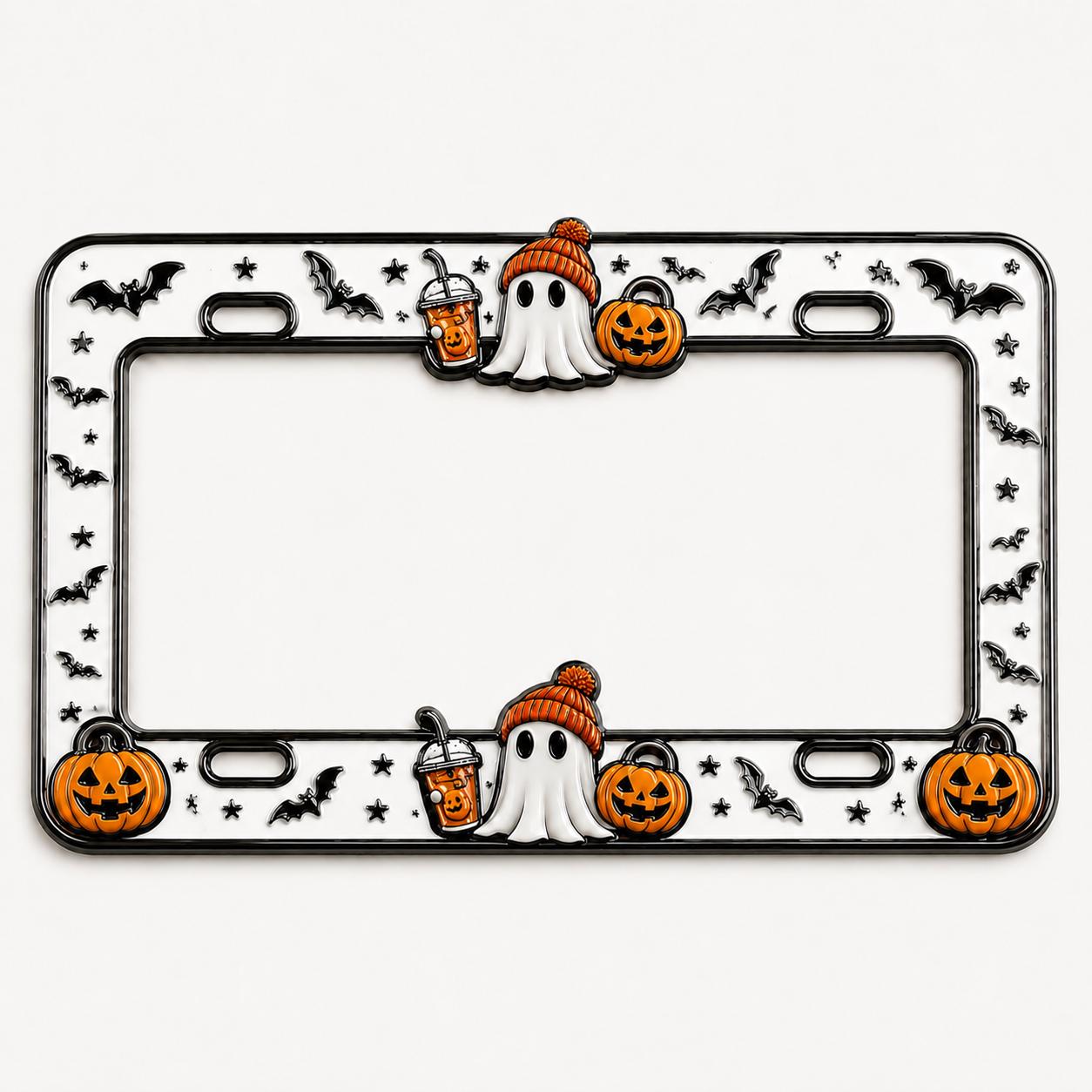 Halloween License Plate Frame and Auto Tag with Ghost, Pumpkin Coffee, Purple Bat, Cute Car Decor, Spooky Accessory Gift - photo 6