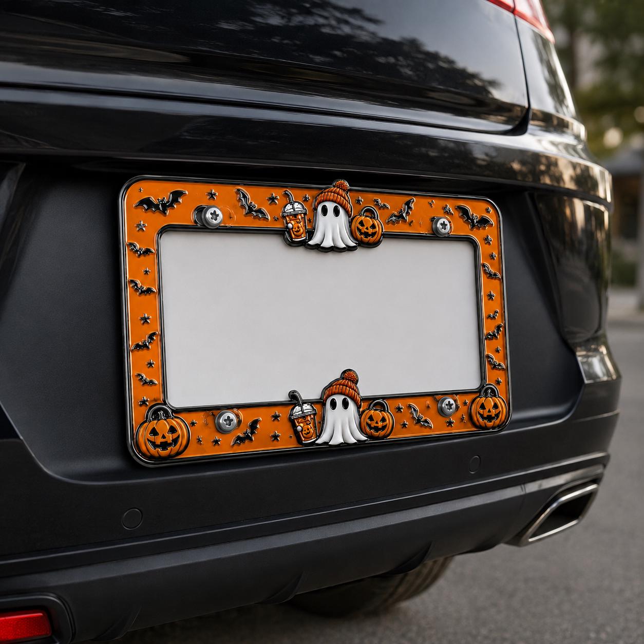 Halloween License Plate Frame and Auto Tag with Ghost, Pumpkin Coffee, Purple Bat, Cute Car Decor, Spooky Accessory Gift - photo 7