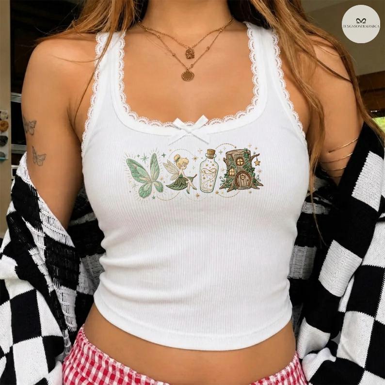 Embroidered Vintage Tinker Bell Neverland Fairy Baby Tee Crop Lace Trim Tank for Disney Princess Magic Kingdom WDW Girls Trip