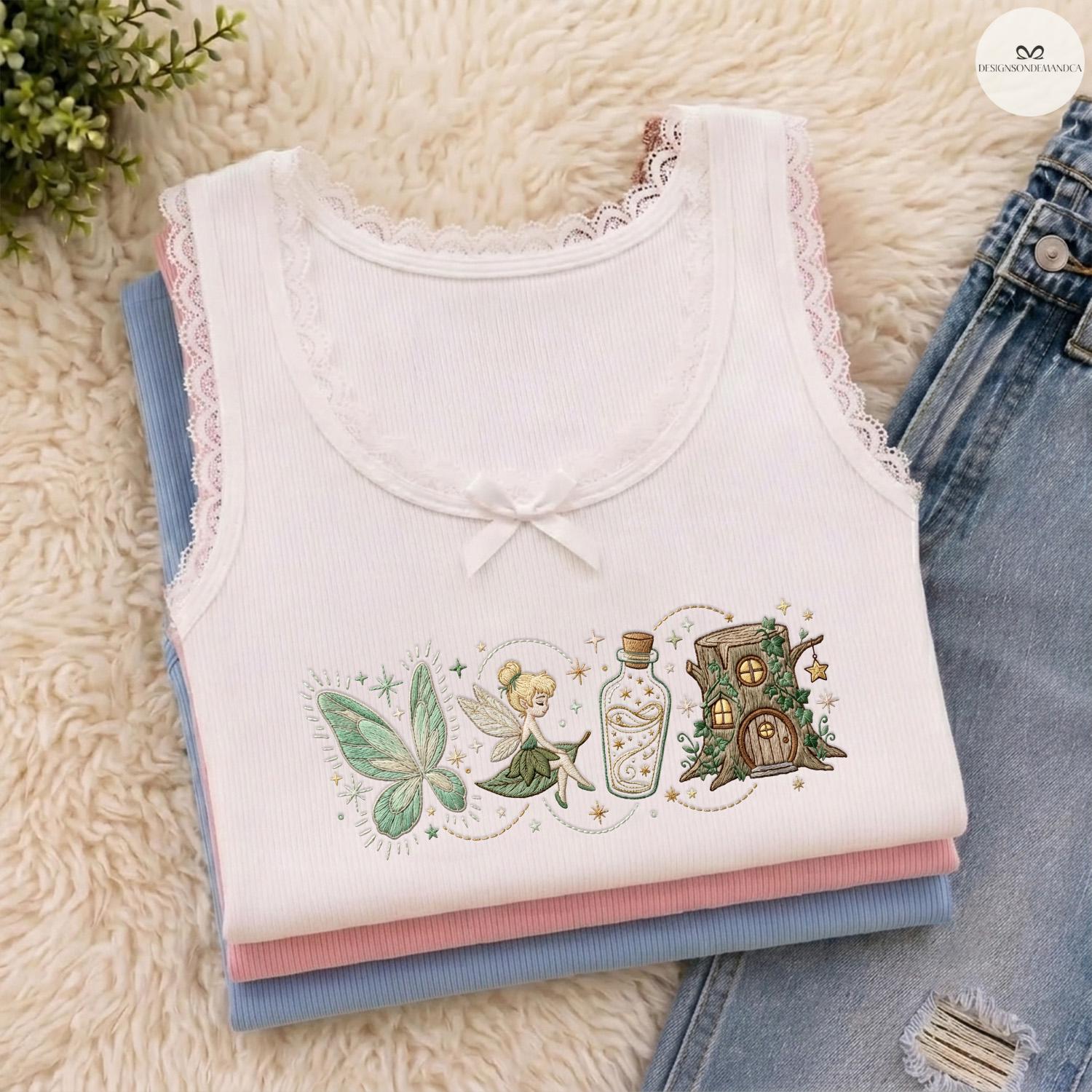 Embroidered Vintage Tinker Bell Neverland Fairy Baby Tee Crop Lace Trim Tank for Disney Princess Magic Kingdom WDW Girls Trip - photo 3