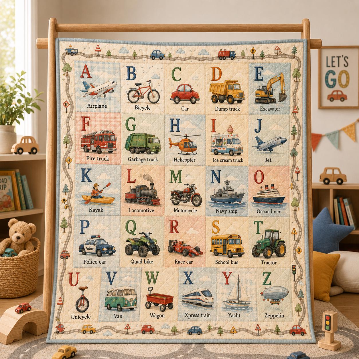 Transportation Alphabet Quilt Blanket for Kids – A–Z Vehicle ABC Learning Throw with Cars Trucks Nursery Bedding Boy Gift