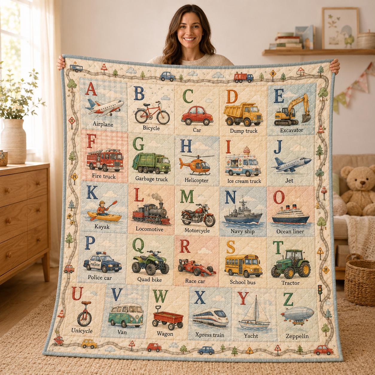 Transportation Alphabet Quilt Blanket for Kids – A–Z Vehicle ABC Learning Throw with Cars Trucks Nursery Bedding Boy Gift - photo 2