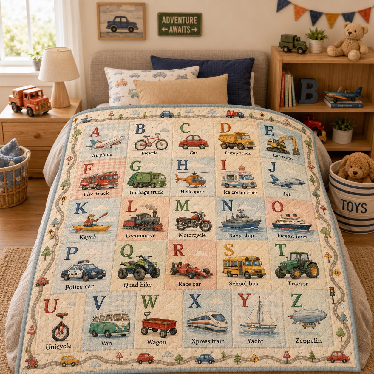 Transportation Alphabet Quilt Blanket for Kids – A–Z Vehicle ABC Learning Throw with Cars Trucks Nursery Bedding Boy Gift - photo 3