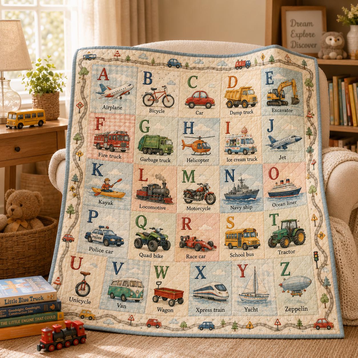 Transportation Alphabet Quilt Blanket for Kids – A–Z Vehicle ABC Learning Throw with Cars Trucks Nursery Bedding Boy Gift - photo 6