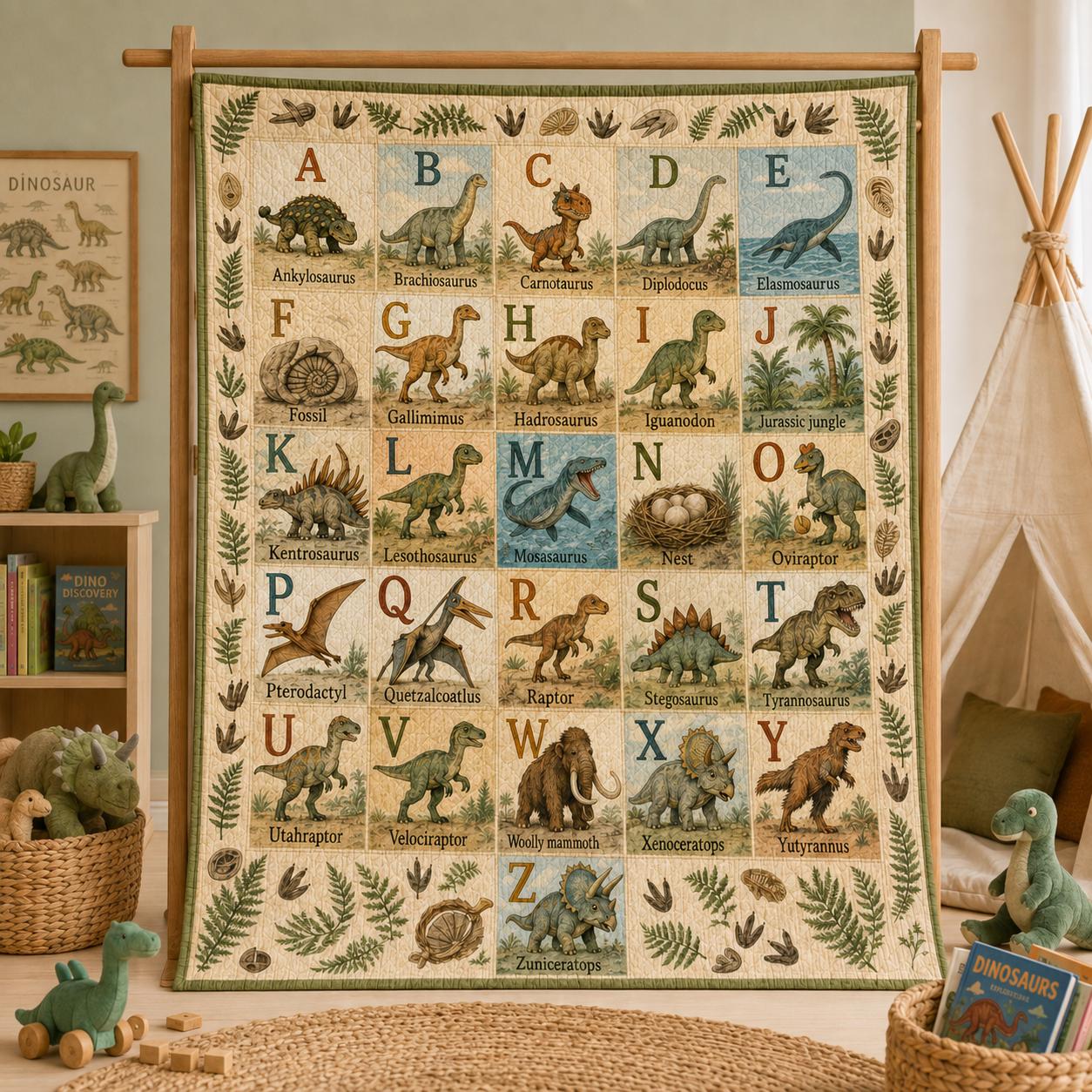 Dinosaur Alphabet Quilt Blanket for Kids – A–Z Dino ABC Learning Throw with Prehistoric Nursery Bedding Birthday Gift