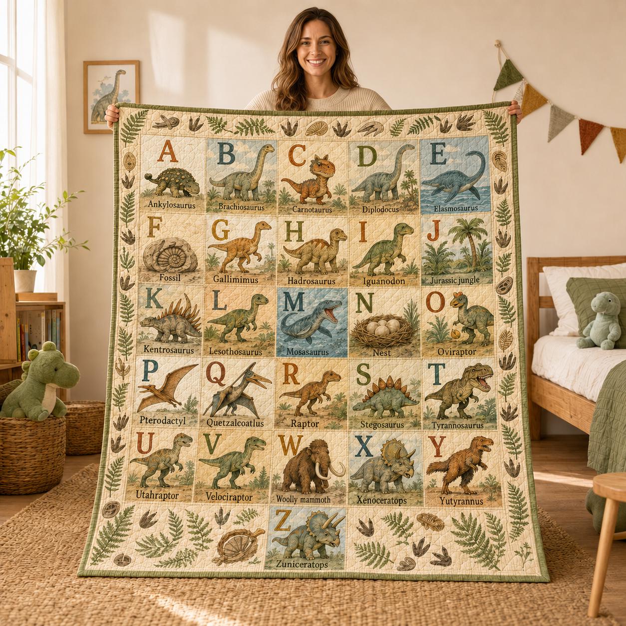 Dinosaur Alphabet Quilt Blanket for Kids – A–Z Dino ABC Learning Throw with Prehistoric Nursery Bedding Birthday Gift - photo 2