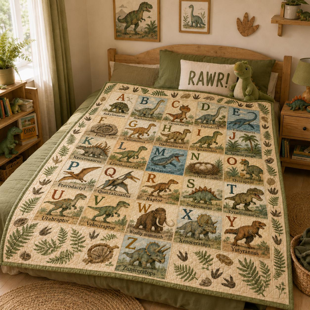Dinosaur Alphabet Quilt Blanket for Kids – A–Z Dino ABC Learning Throw with Prehistoric Nursery Bedding Birthday Gift - photo 3