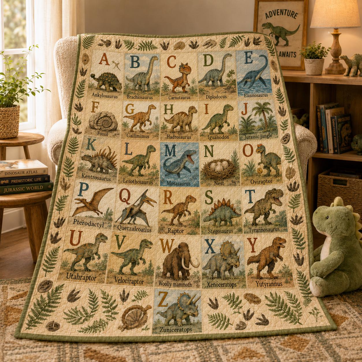 Dinosaur Alphabet Quilt Blanket for Kids – A–Z Dino ABC Learning Throw with Prehistoric Nursery Bedding Birthday Gift - photo 6