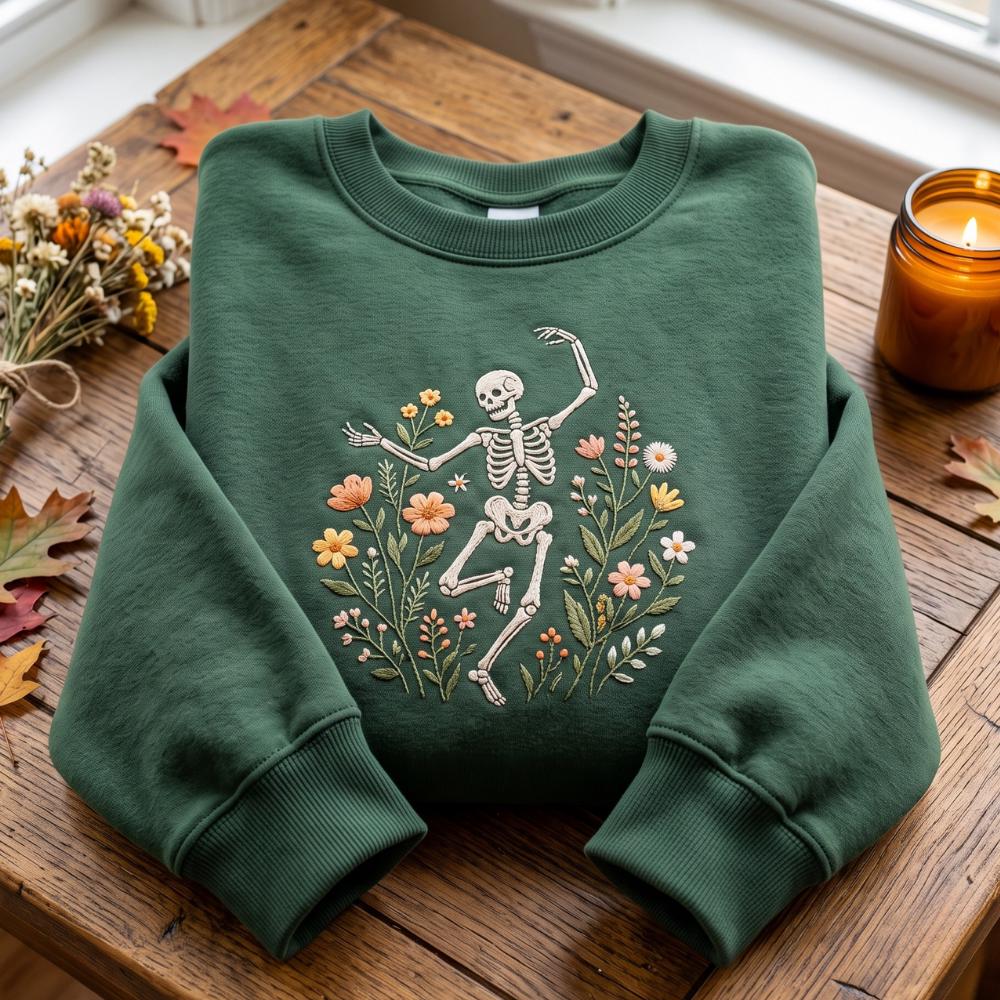 Embroidered Sweatshirt with Skeleton Dancing Arabesque and Wildflower Botanical Floral for Cottagecore Nature Lover Halloween