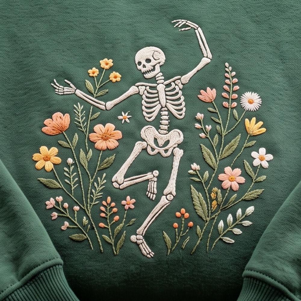 Embroidered Sweatshirt with Skeleton Dancing Arabesque and Wildflower Botanical Floral for Cottagecore Nature Lover Halloween - photo 2