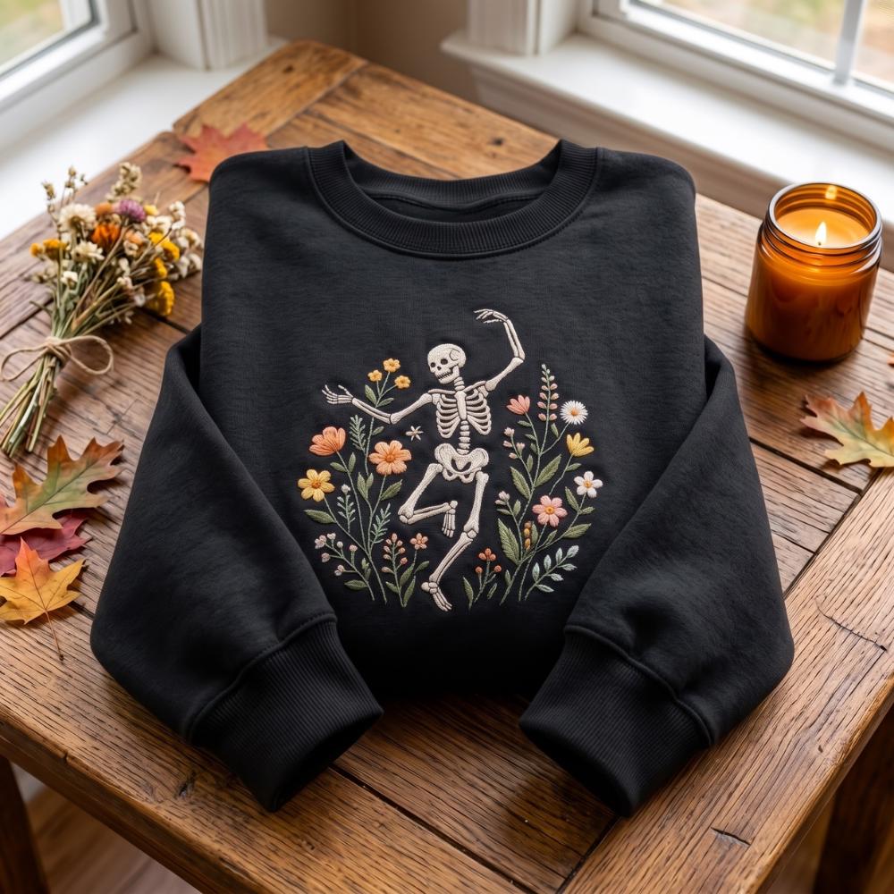 Embroidered Sweatshirt with Skeleton Dancing Arabesque and Wildflower Botanical Floral for Cottagecore Nature Lover Halloween - photo 3
