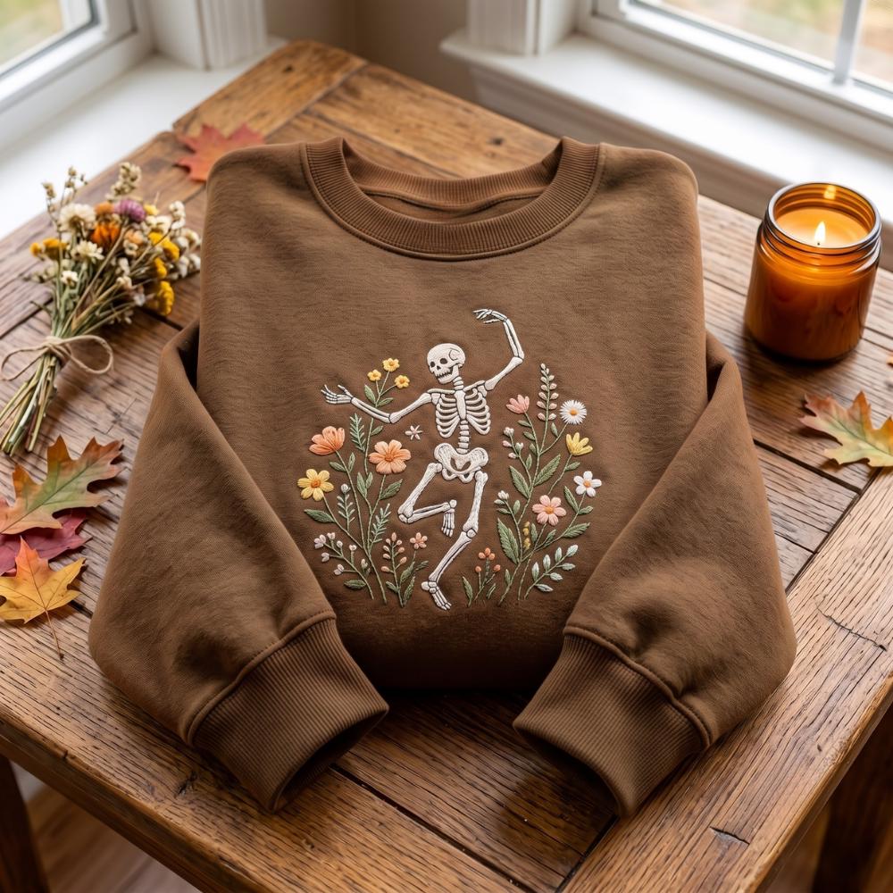 Embroidered Sweatshirt with Skeleton Dancing Arabesque and Wildflower Botanical Floral for Cottagecore Nature Lover Halloween - photo 4