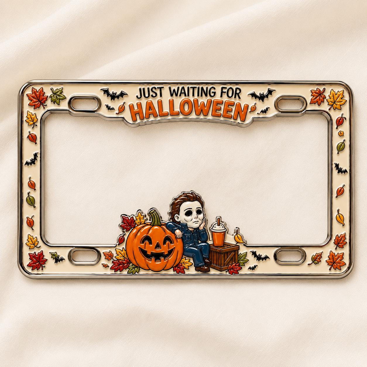 Halloween License Plate Frame and Auto Tag with Just Waiting, Pumpkin Horror Movie, Fall Leaves, Auto Decor, Car Accessory Gift
