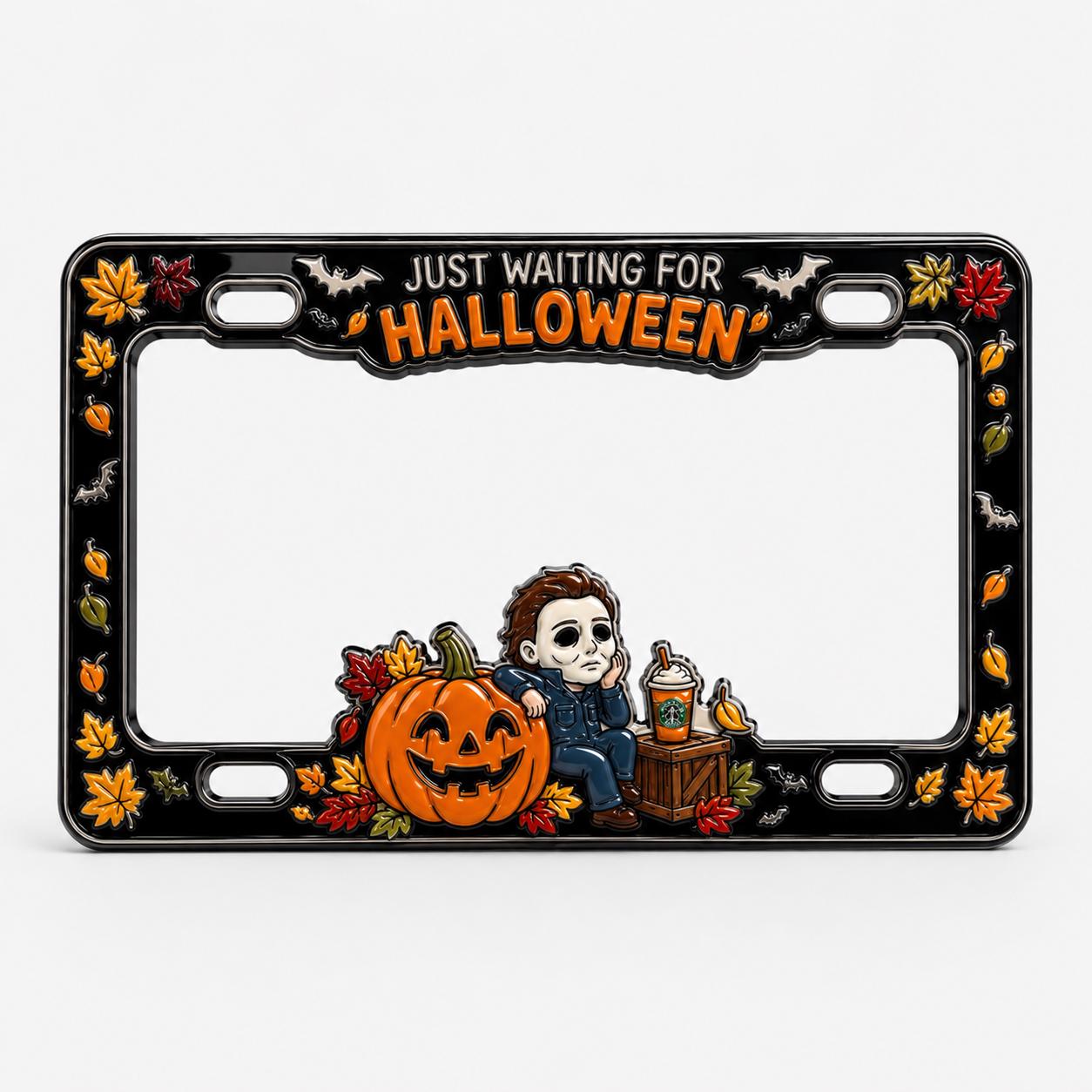 Halloween License Plate Frame and Auto Tag with Just Waiting, Pumpkin Horror Movie, Fall Leaves, Auto Decor, Car Accessory Gift - photo 2